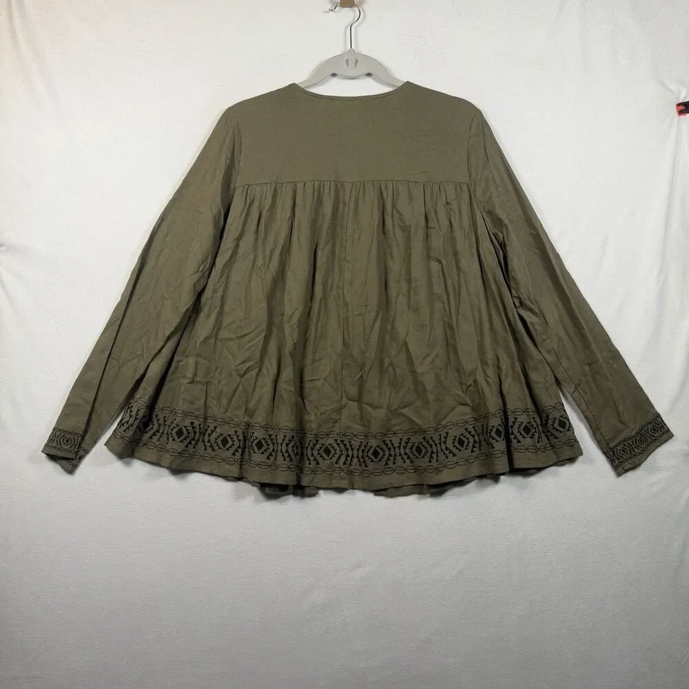 Boho Olive Green Embroidered Tassel Tie Blouse Peasant Top Fringe Festival